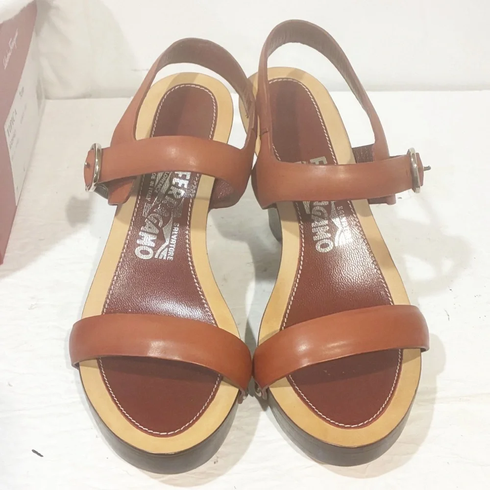 Salvatore Ferragamo Size 7C Brown Leather Wedge Strappy‎ Sandal NEW